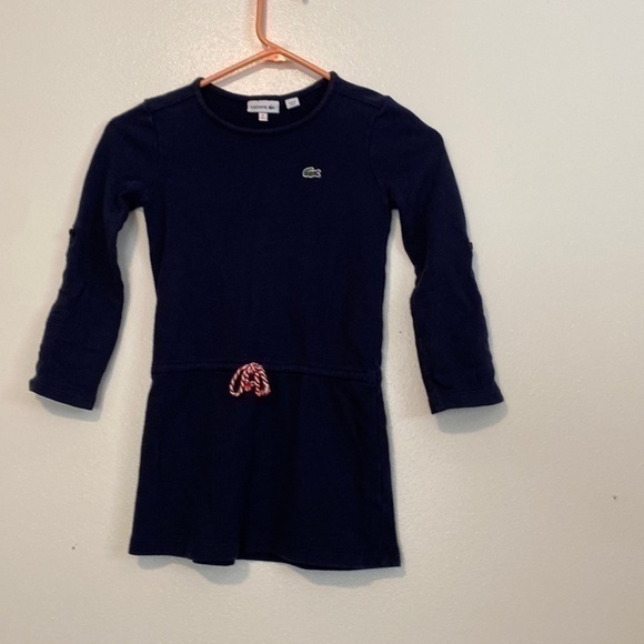 Lacoste Roll Up Sleeve Stunning 100% Cotton Tie Cinch Waist Dress Navy Size 6